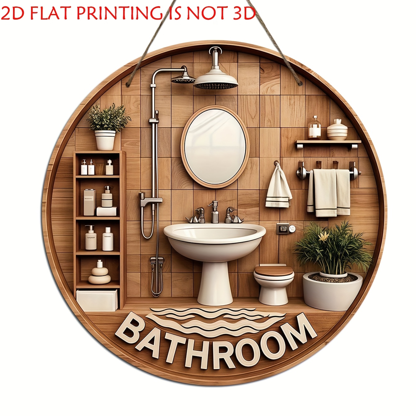 Home Of The Year Bathroom - Ein flaches, kreisförmiges 2D-Badezimmer-Dekorschild aus Holz